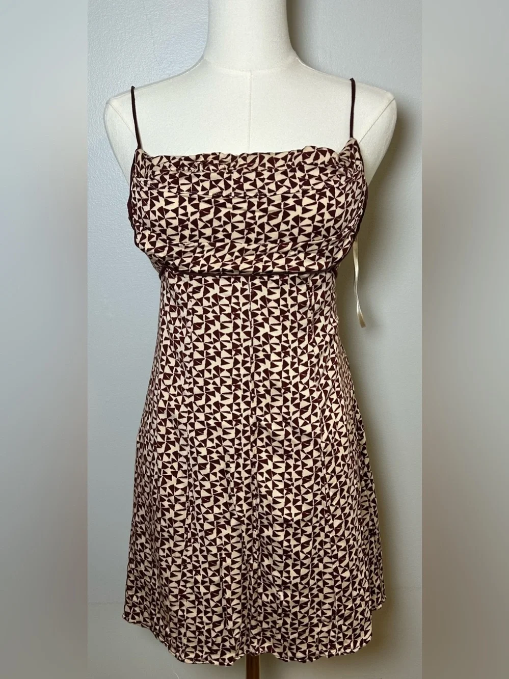 Free People Kai print Tie strap Mini Dress xs brown cream cowl neck boho dress